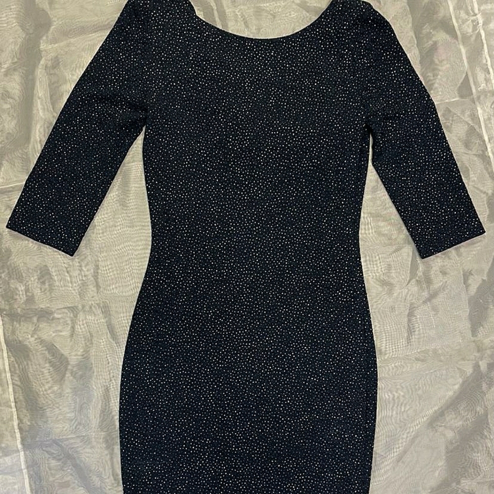 Low Hanging Back Long Sleeve dark Blue Dress Sparkling Night Dress